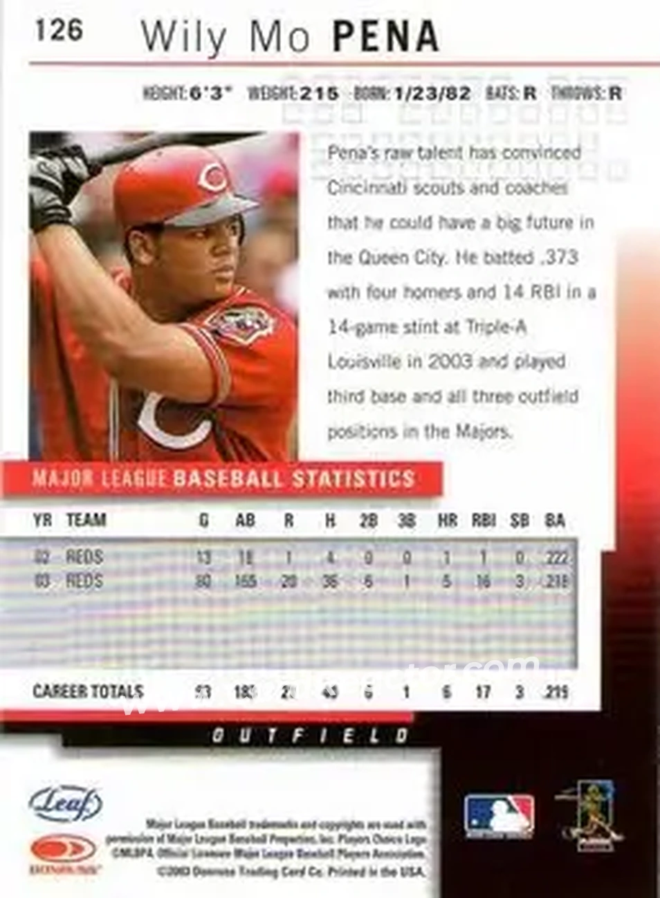 2004 Leaf #126 - Wily Mo Pena - Cincinnati Reds - Back