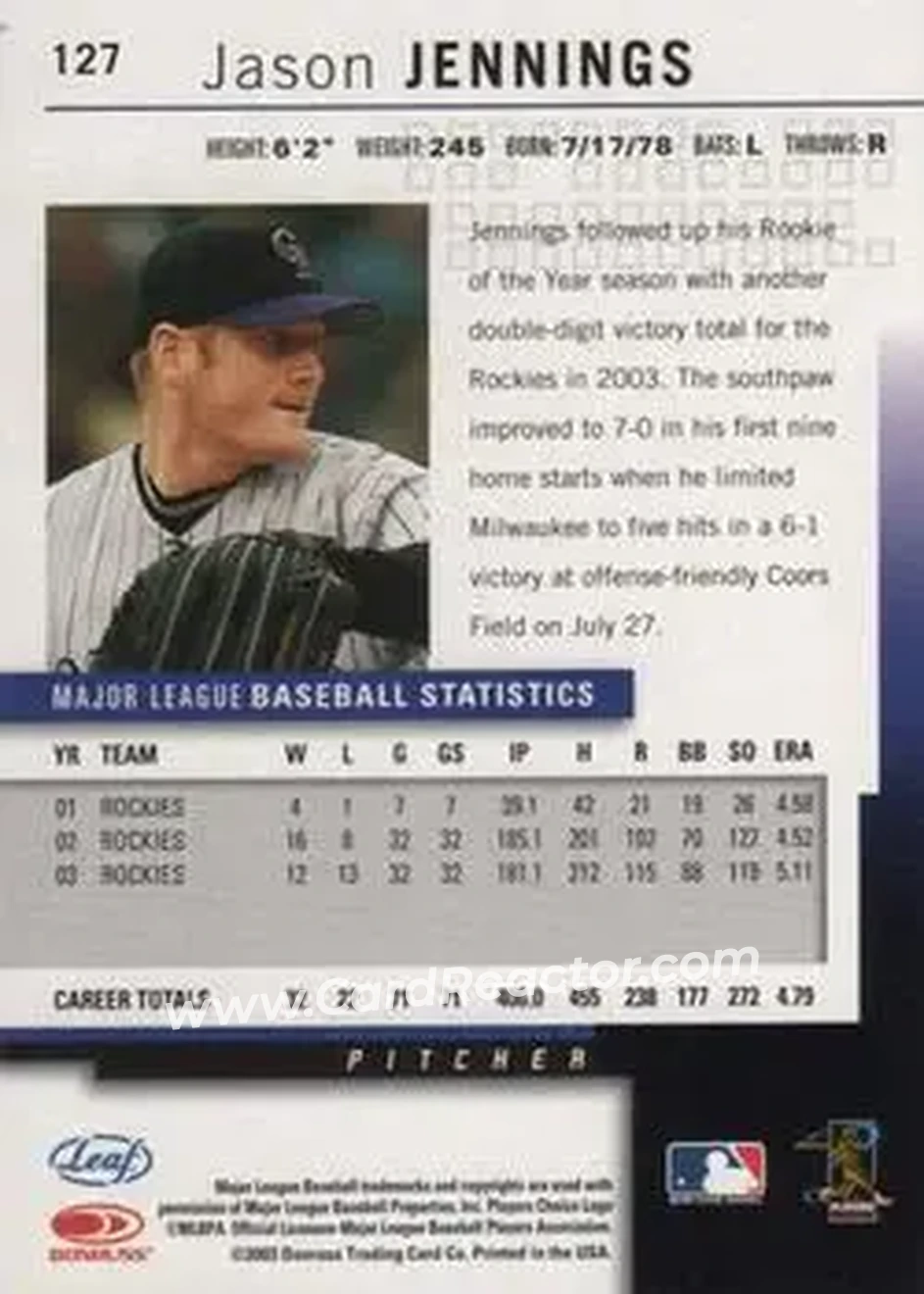 2004 Leaf #127 - Jason Jennings - Colorado Rockies - Back