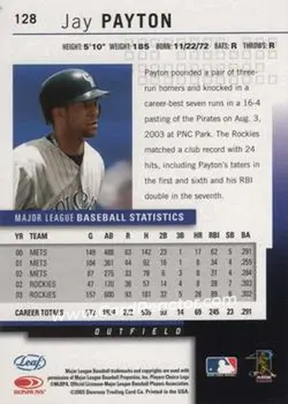 2004 Leaf #128 - Jay Payton - Colorado Rockies - Back 2004 Leaf #128 - Jay Payton - Colorado Rockies - Back