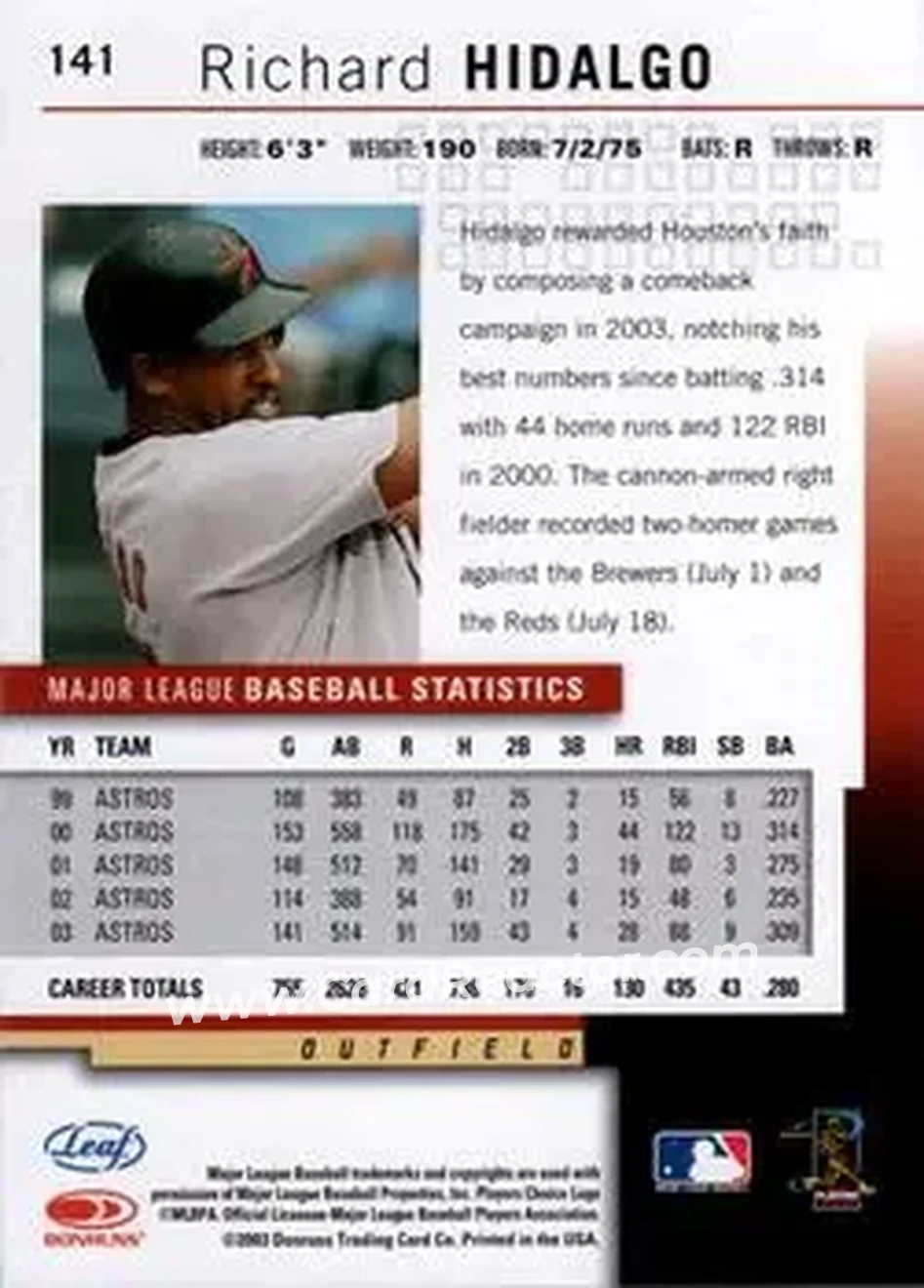 2004 Leaf #141 - Richard Hidalgo - Houston Astros - Back
