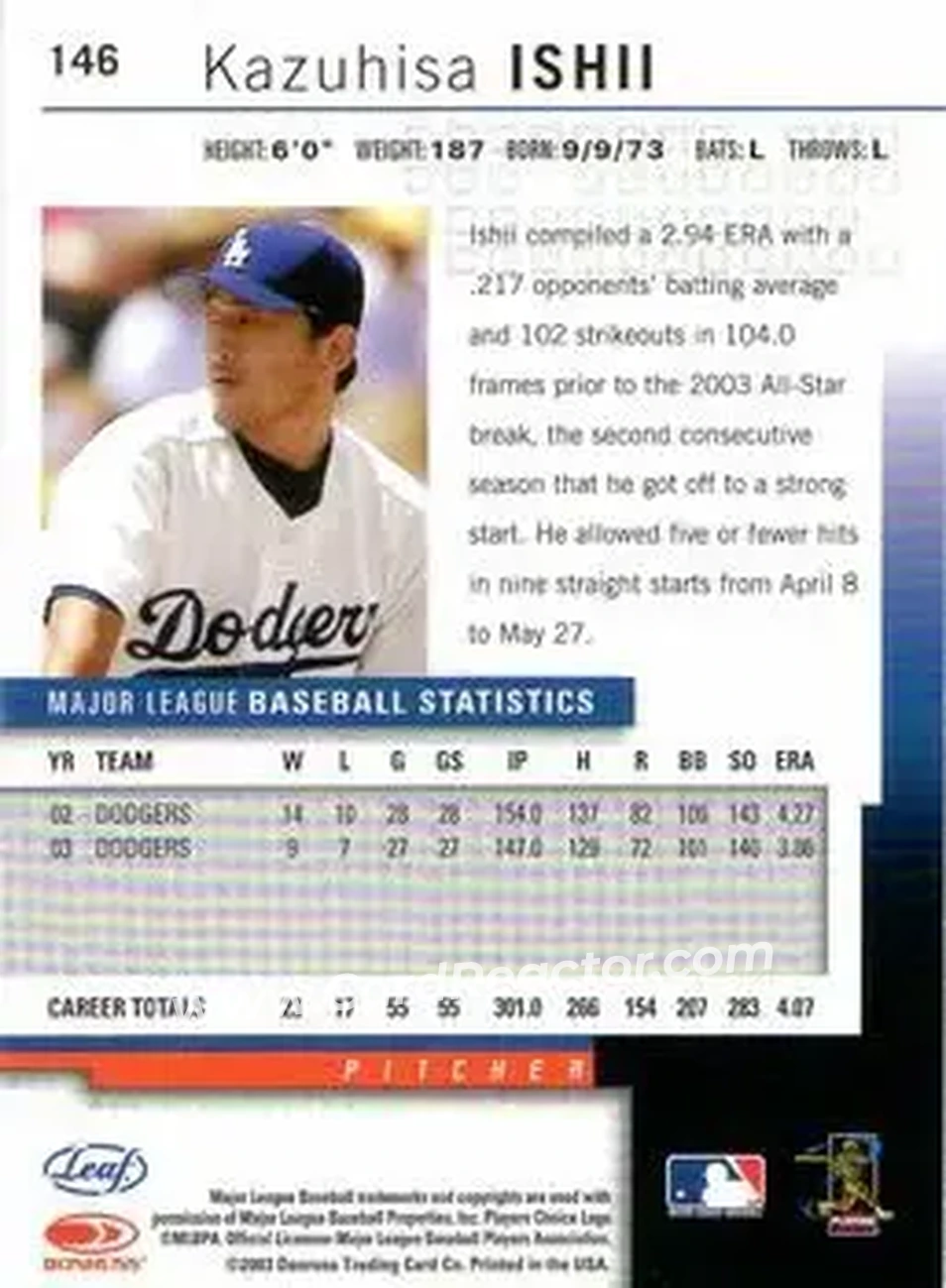 2004 Leaf #146 - Kazuhisa Ishii - Los Angeles Dodgers - Back