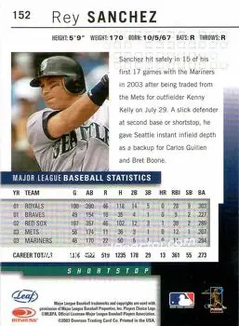 2004 Leaf #152 - Rey Sanchez - Seattle Mariners - Back 2004 Leaf #152 - Rey Sanchez - Seattle Mariners - Back