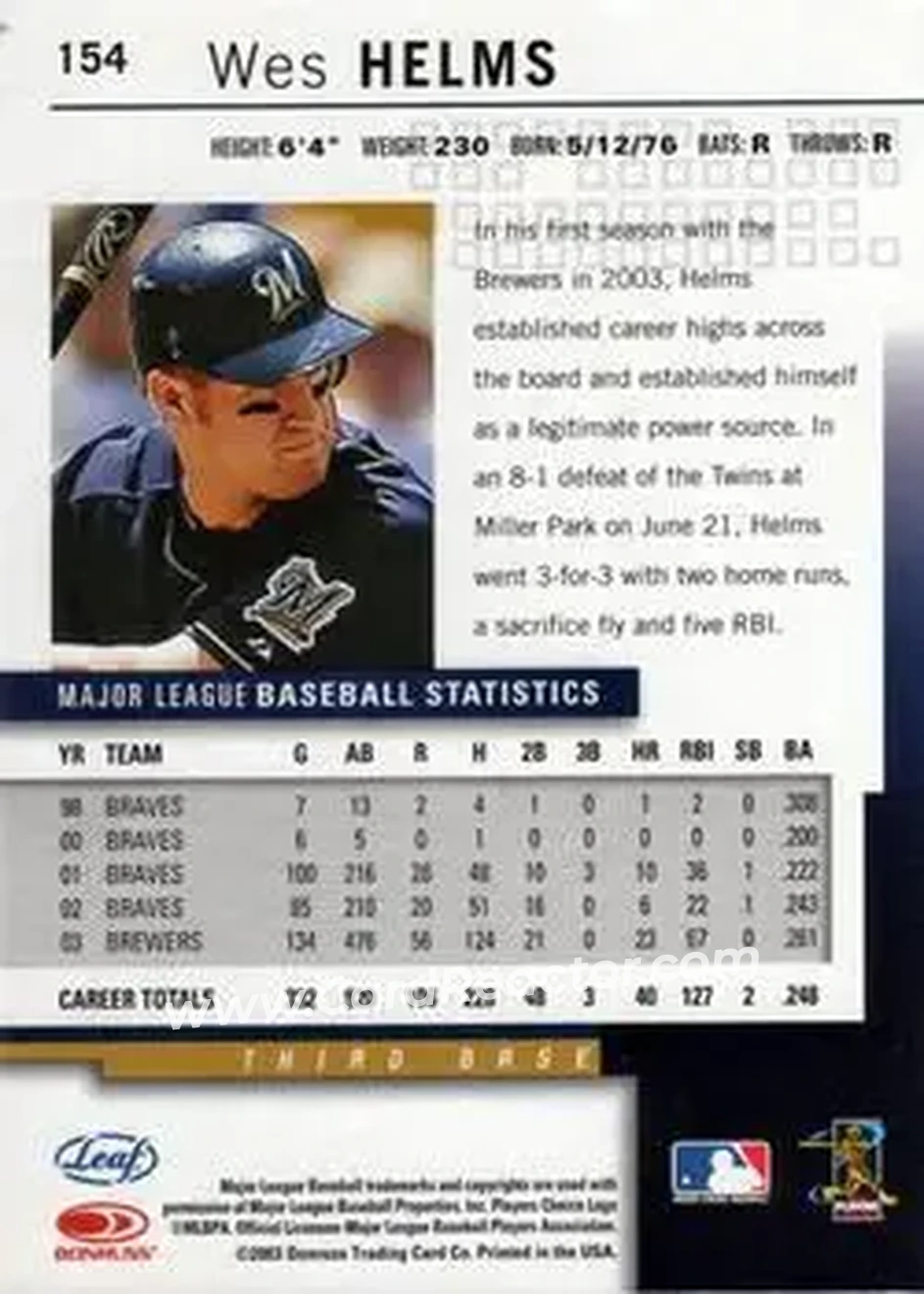 2004 Leaf #154 - Wes Helms - Milwaukee Brewers - Back 2004 Leaf #154 - Wes Helms - Milwaukee Brewers - Back