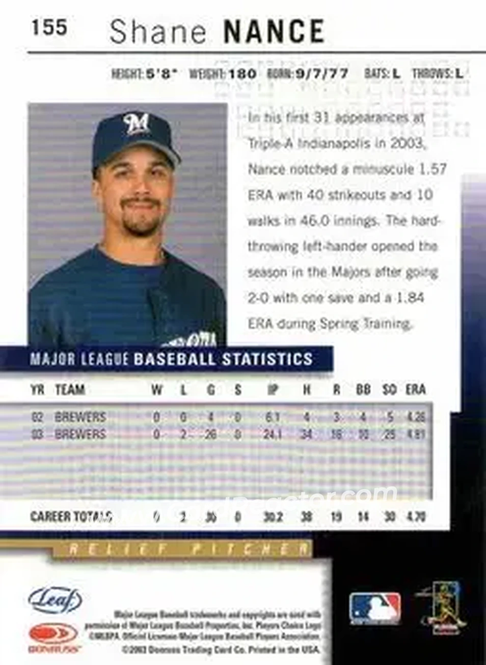 2004 Leaf #155 - Shane Nance - Milwaukee Brewers - Back