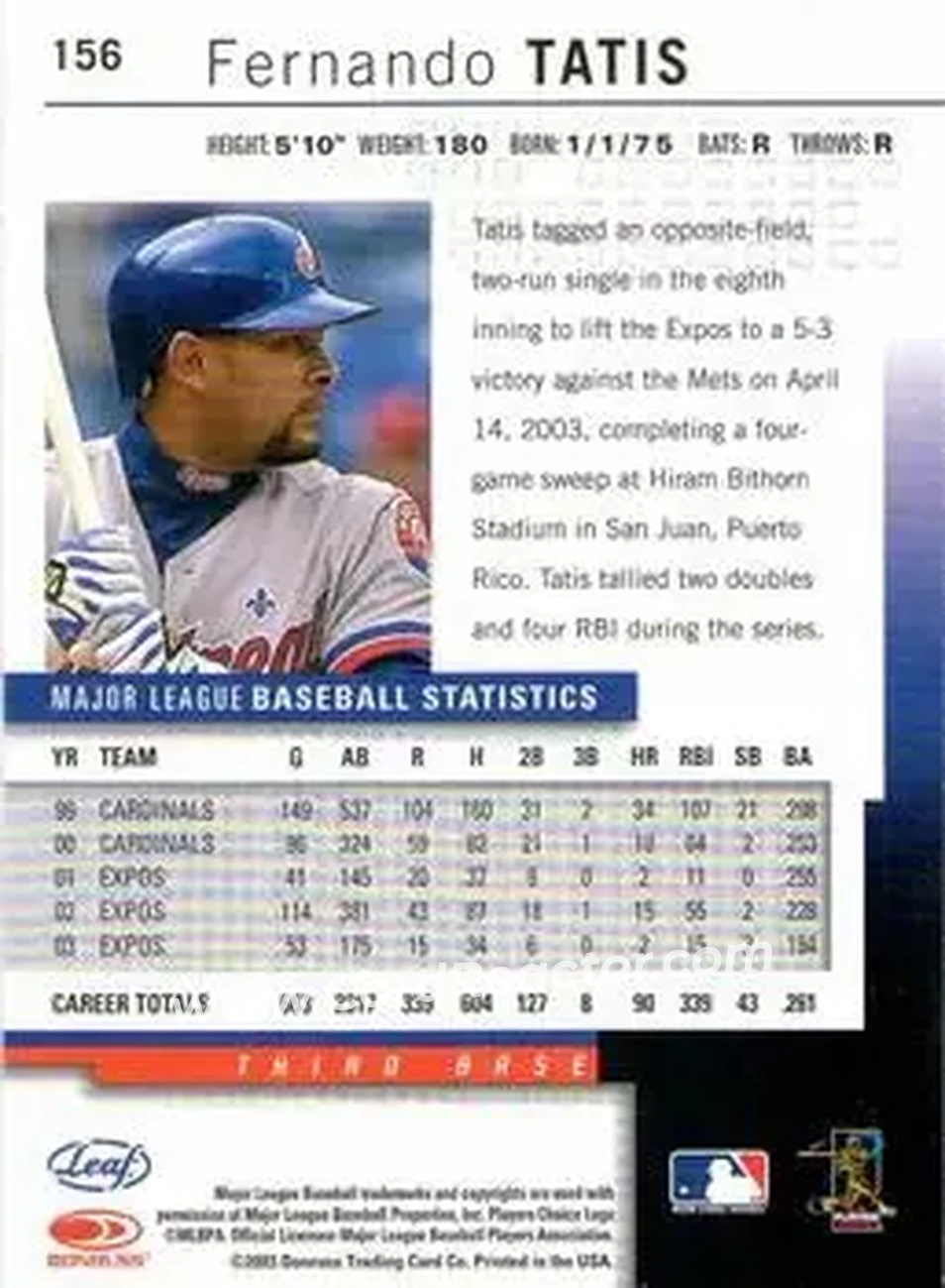 2004 Leaf #156 - Fernando Tatis - Montreal Expos - Back 2004 Leaf #156 - Fernando Tatis - Montreal Expos - Back