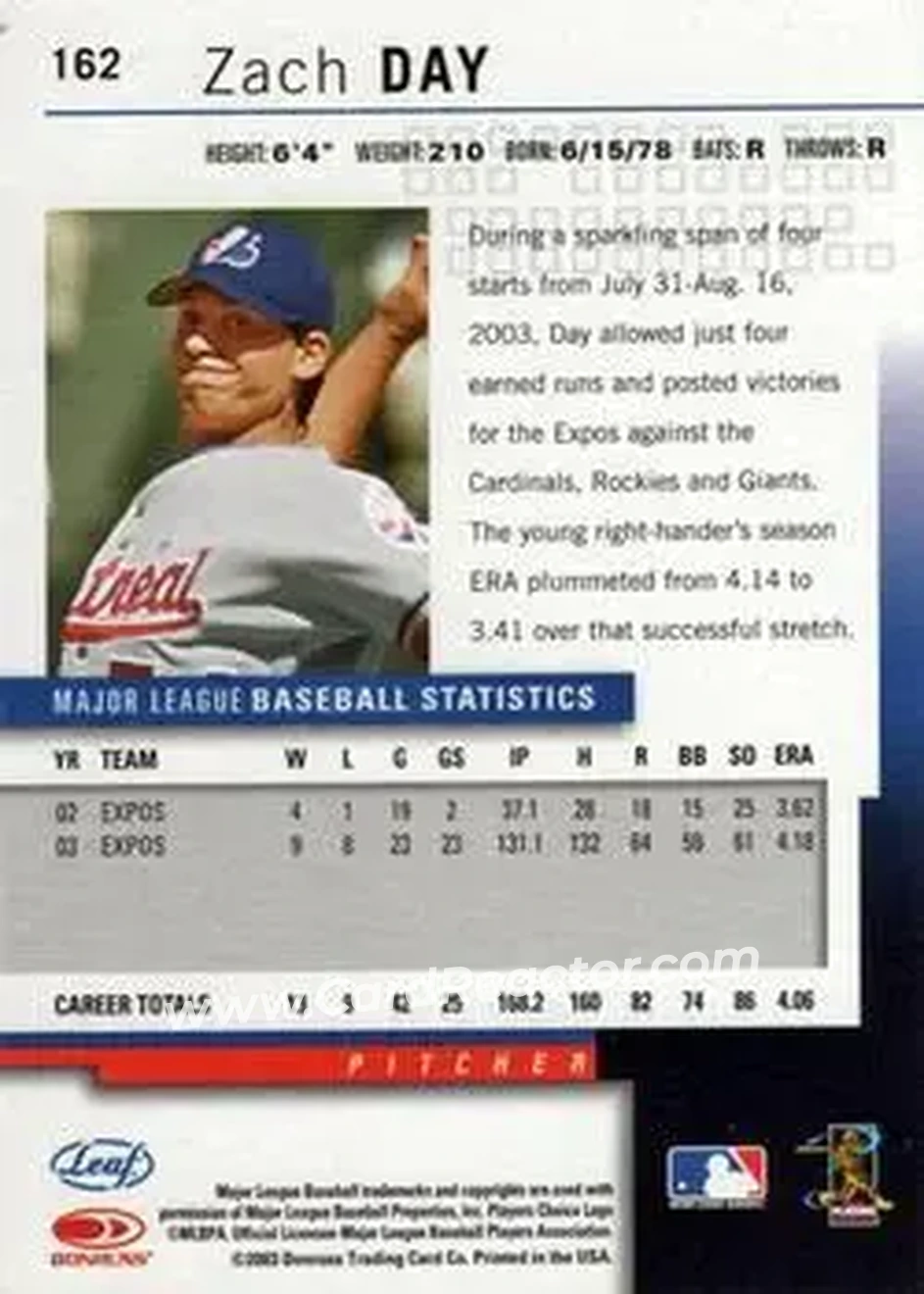 2004 Leaf #162 - Zach Day - Montreal Expos - Back 2004 Leaf #162 - Zach Day - Montreal Expos - Back