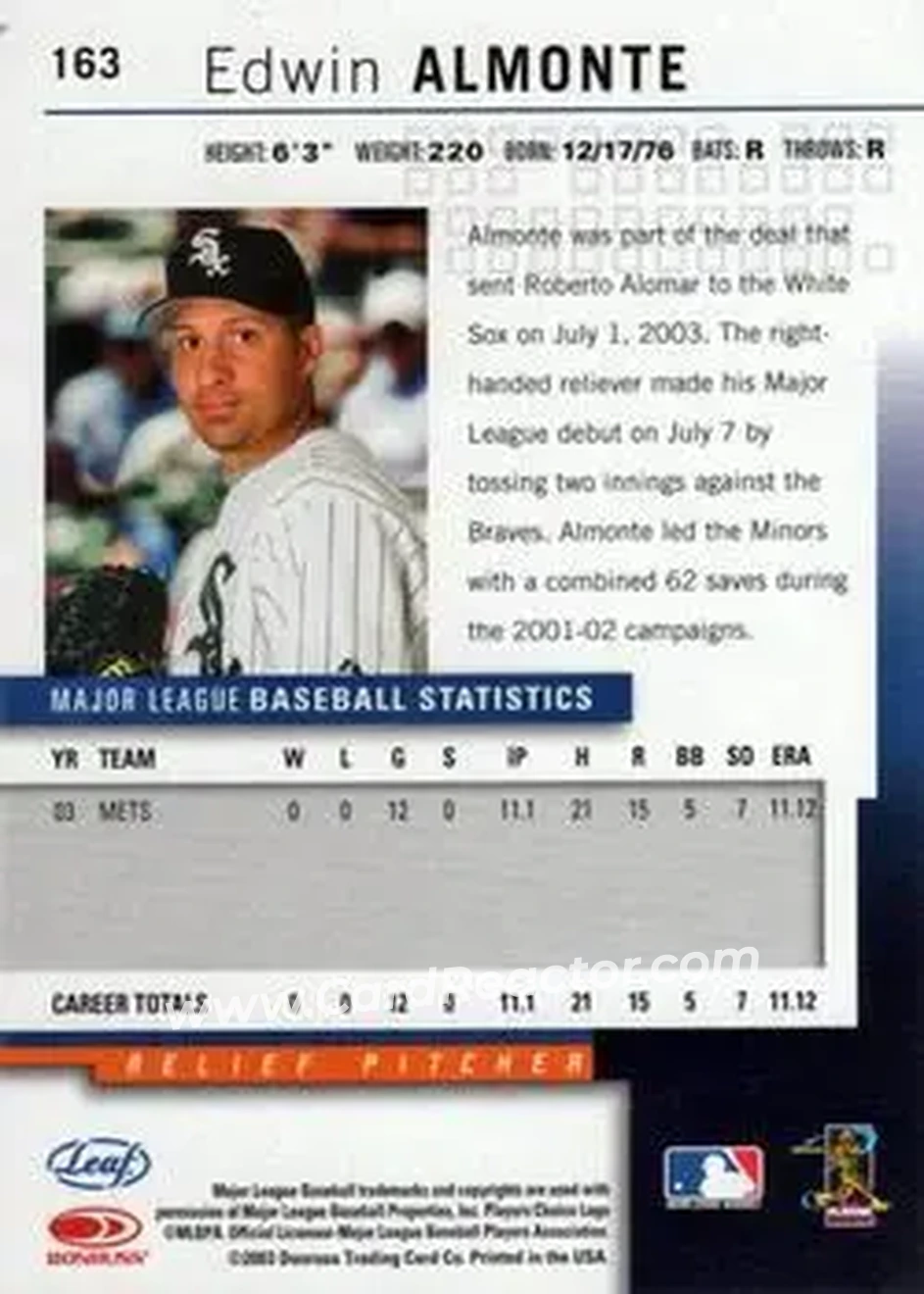 2004 Leaf #163 - Edwin Almonte - New York Mets - Back
