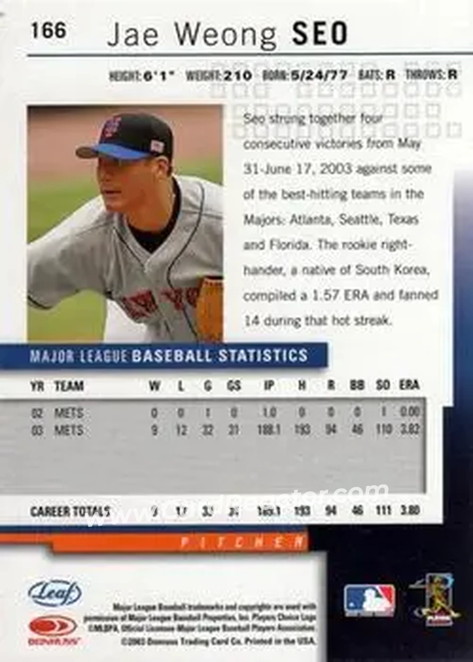 2004 Leaf #166 - Jae Seo - New York Mets - Back