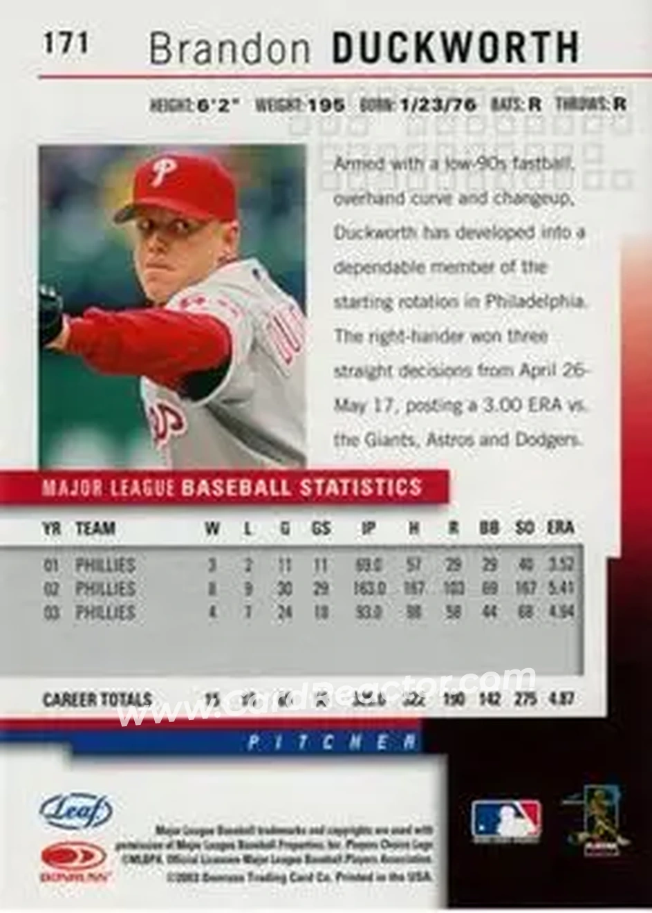 2004 Leaf #171 - Brandon Duckworth - Philadelphia Phillies - Back