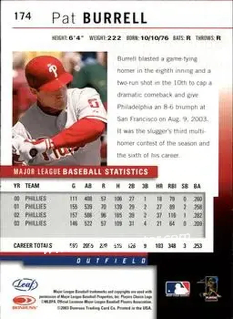 2004 Leaf #174 - Pat Burrell - Philadelphia Phillies - Back