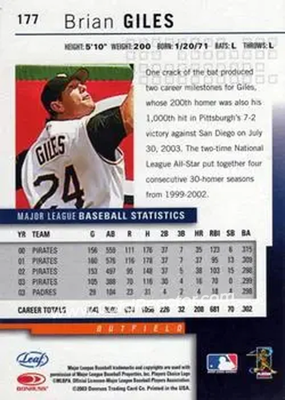2004 Leaf #177 - Brian Giles - San Diego Padres - Back 2004 Leaf #177 - Brian Giles - San Diego Padres - Back