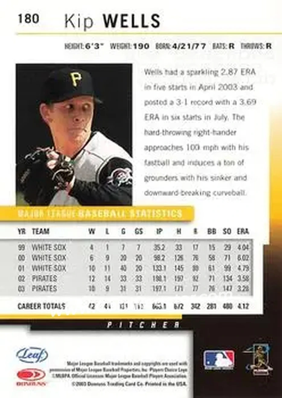 2004 Leaf #180 - Kip Wells - Pittsburgh Pirates - Back 2004 Leaf #180 - Kip Wells - Pittsburgh Pirates - Back