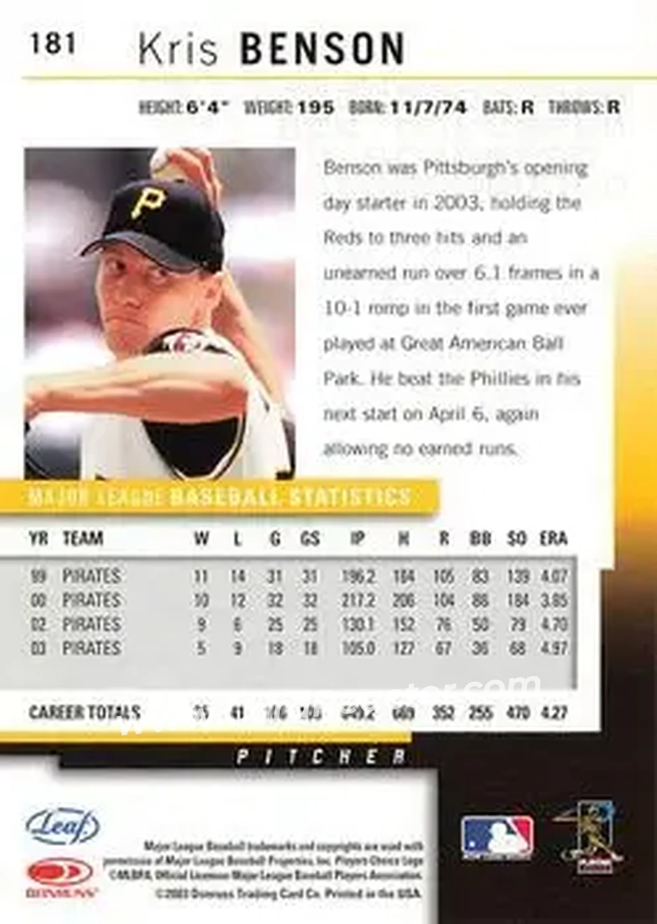 2004 Leaf #181 - Kris Benson - Pittsburgh Pirates - Back