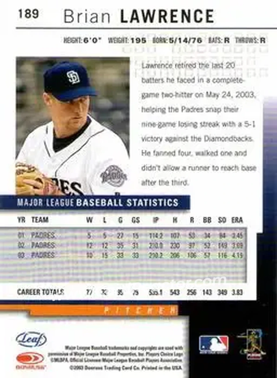 2004 Leaf #189 - Brian Lawrence - San Diego Padres - Back 2004 Leaf #189 - Brian Lawrence - San Diego Padres - Back
