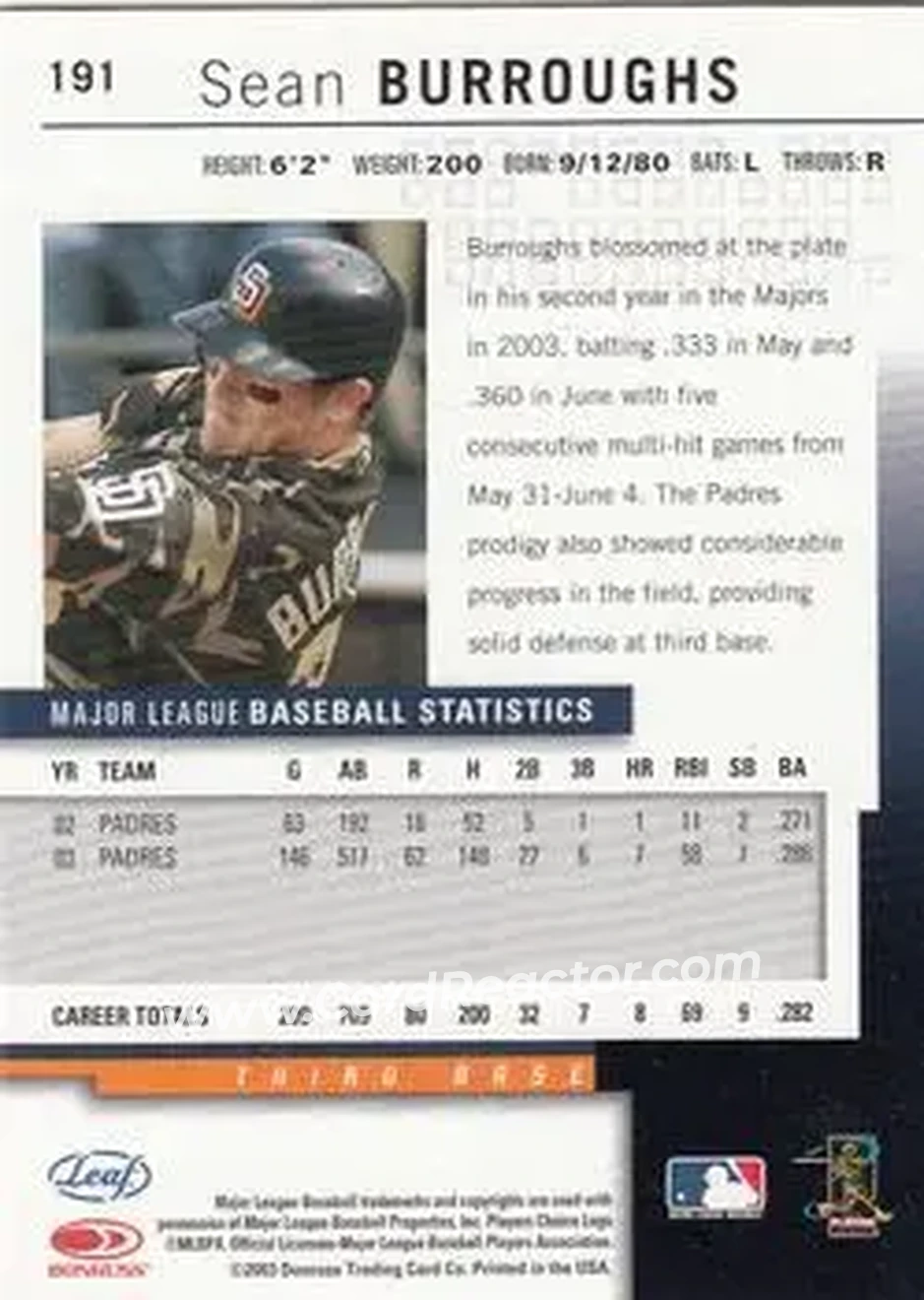 2004 Leaf #191 - Sean Burroughs - San Diego Padres - Back 2004 Leaf #191 - Sean Burroughs - San Diego Padres - Back