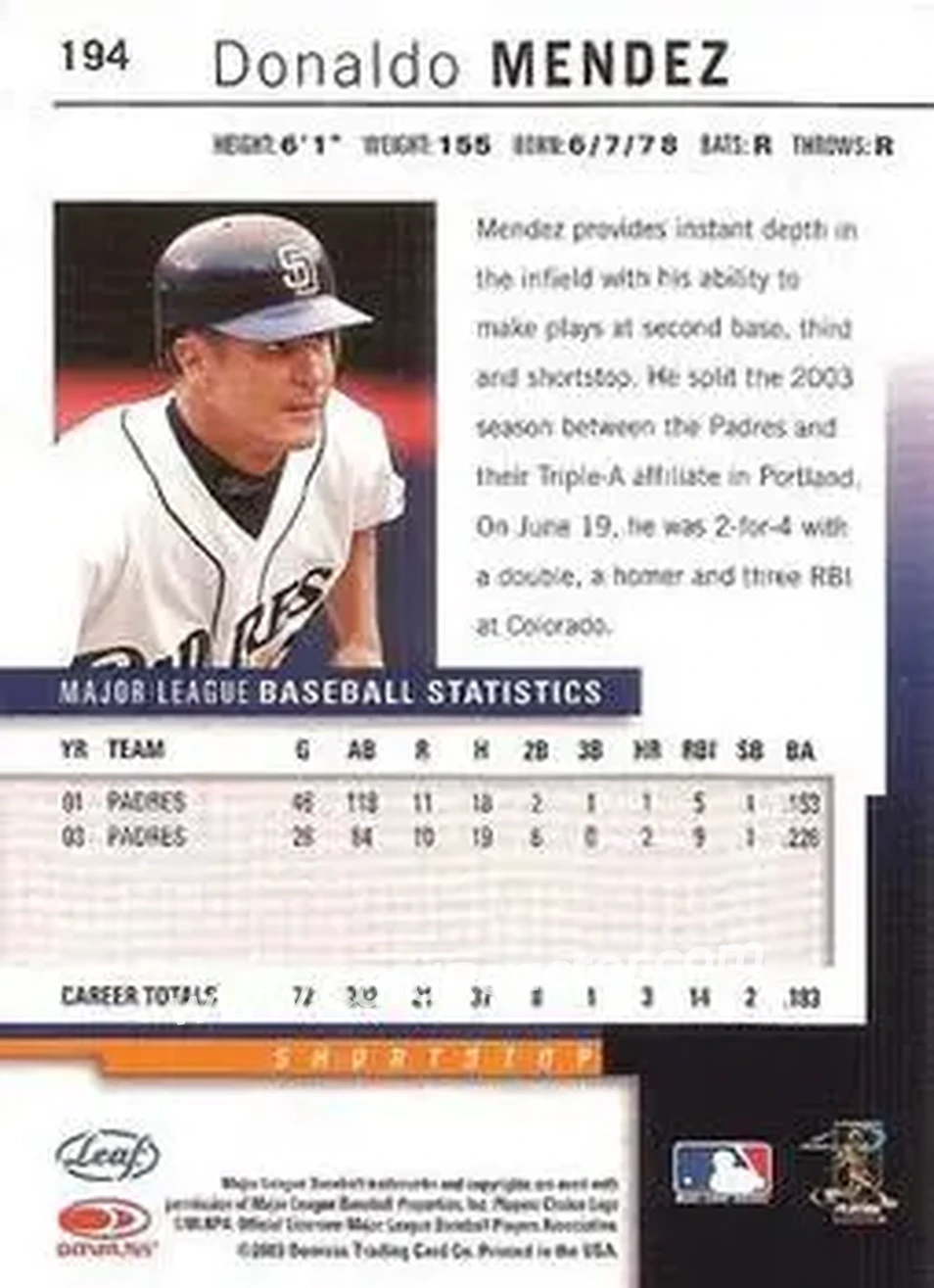 2004 Leaf #194 - Donaldo Mendez - San Diego Padres - Back
