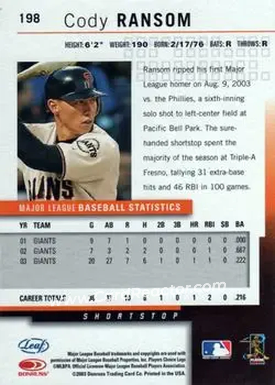 2004 Leaf #198 - Cody Ransom - San Francisco Giants - Back 2004 Leaf #198 - Cody Ransom - San Francisco Giants - Back