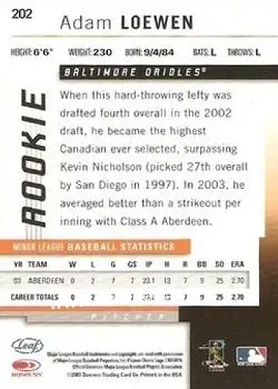 2004 Leaf #202 - Adam Loewen - Baltimore Orioles - Back
