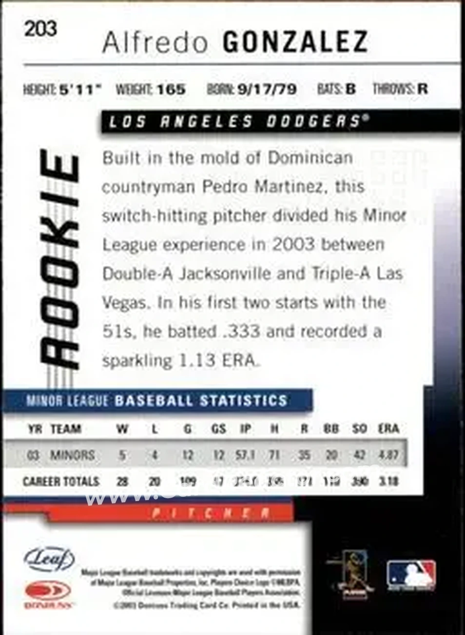 2004 Leaf #203 - Alfredo Gonzalez - Los Angeles Dodgers - Back 2004 Leaf #203 - Alfredo Gonzalez - Los Angeles Dodgers - Back