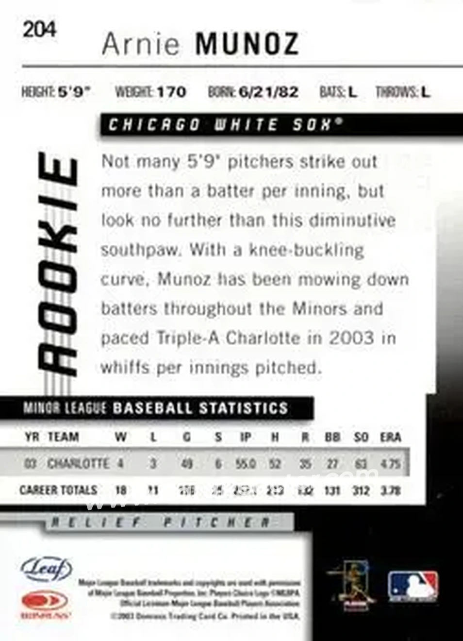 2004 Leaf #204 - Arnie Munoz - Chicago White Sox - Back 2004 Leaf #204 - Arnie Munoz - Chicago White Sox - Back