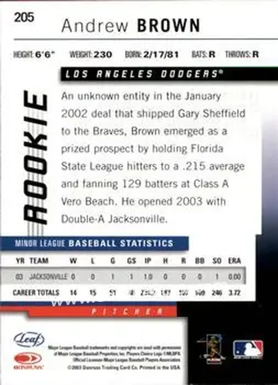 2004 Leaf #205 - Andrew Brown - Los Angeles Dodgers - Back 2004 Leaf #205 - Andrew Brown - Los Angeles Dodgers - Back