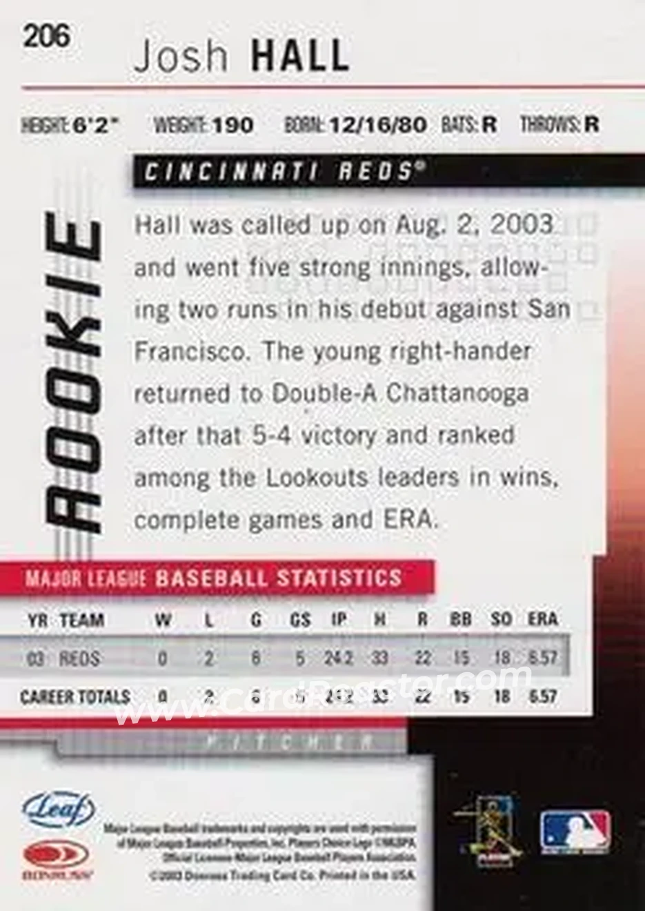 2004 Leaf #206 - Josh Hall - Cincinnati Reds - Back 2004 Leaf #206 - Josh Hall - Cincinnati Reds - Back