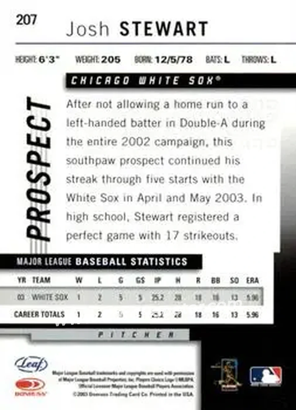 2004 Leaf #207 - Josh Stewart - Chicago White Sox - Back 2004 Leaf #207 - Josh Stewart - Chicago White Sox - Back