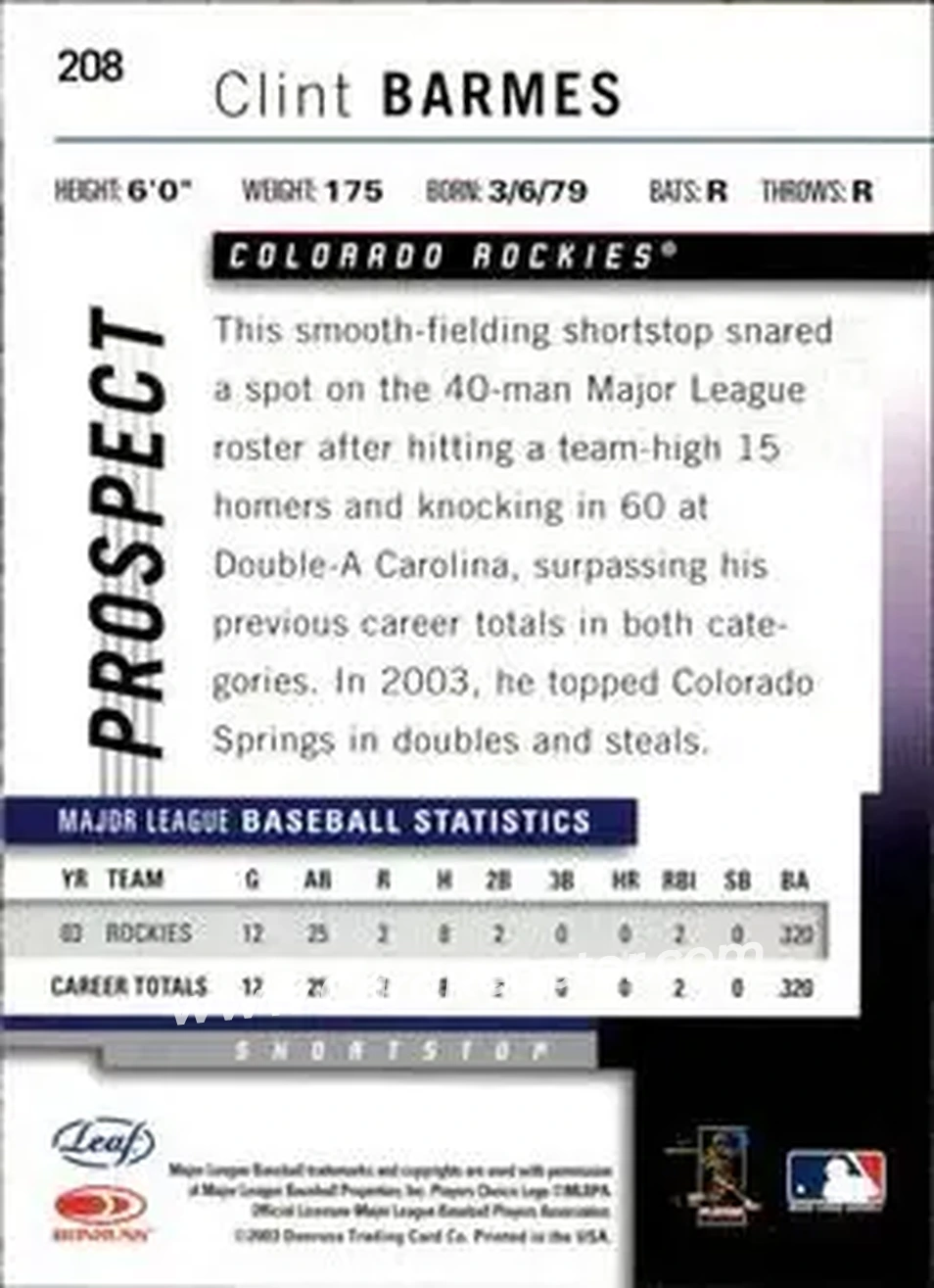 2004 Leaf #208 - Clint Barmes - Colorado Rockies - Back