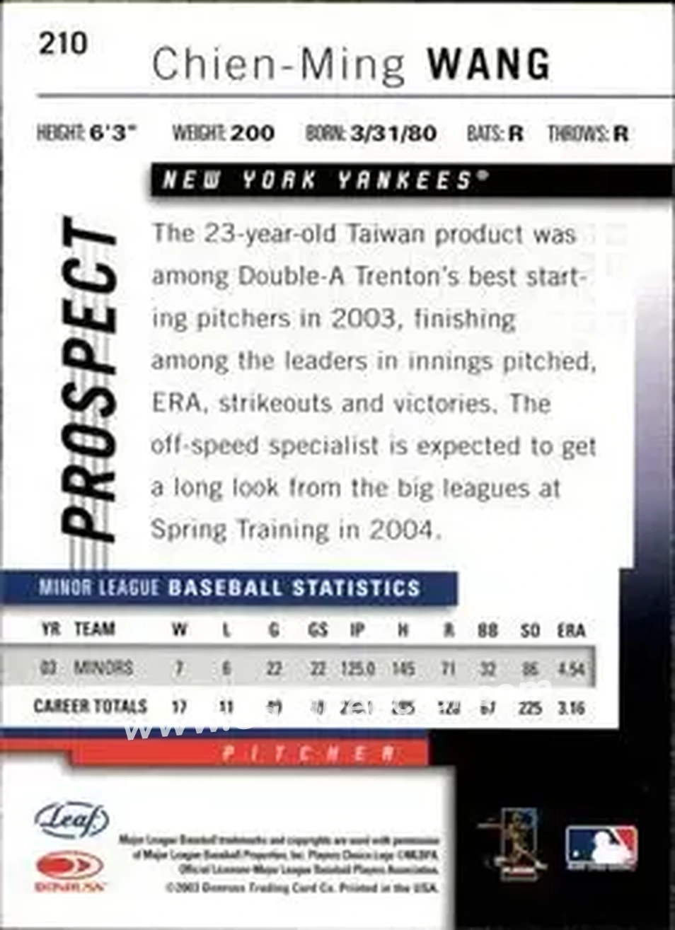 2004 Leaf #210 - Chien-Ming Wang - New York Yankees - Back