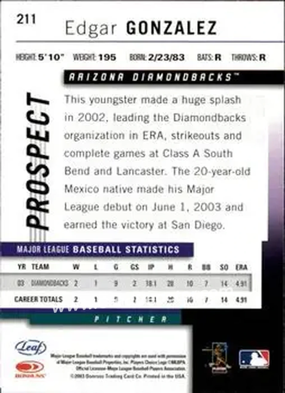 2004 Leaf #211 - Edgar Gonzalez - Arizona Diamondbacks - Back 2004 Leaf #211 - Edgar Gonzalez - Arizona Diamondbacks - Back