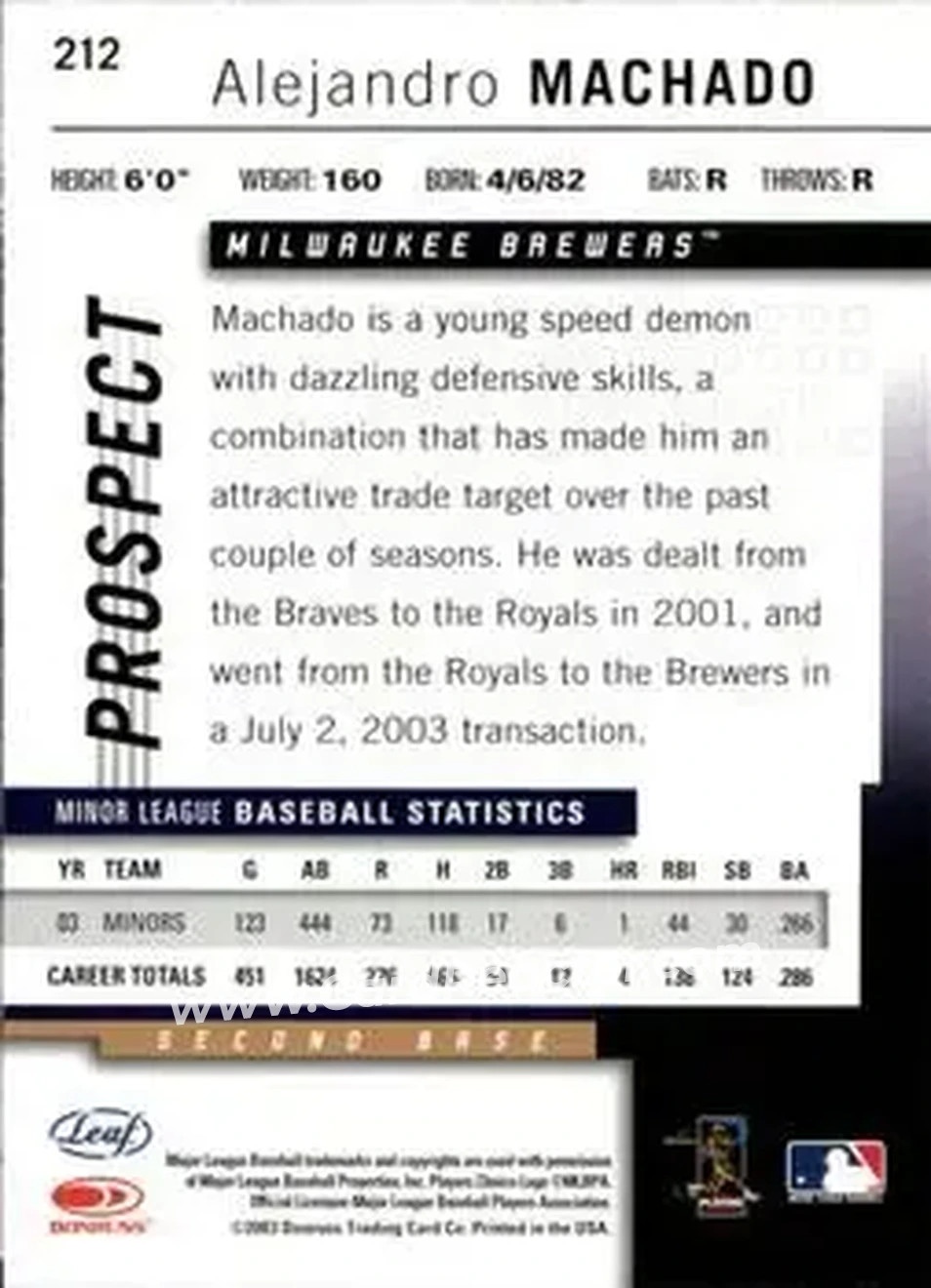 2004 Leaf #212 - Alejandro Machado - Milwaukee Brewers - Back 2004 Leaf #212 - Alejandro Machado - Milwaukee Brewers - Back