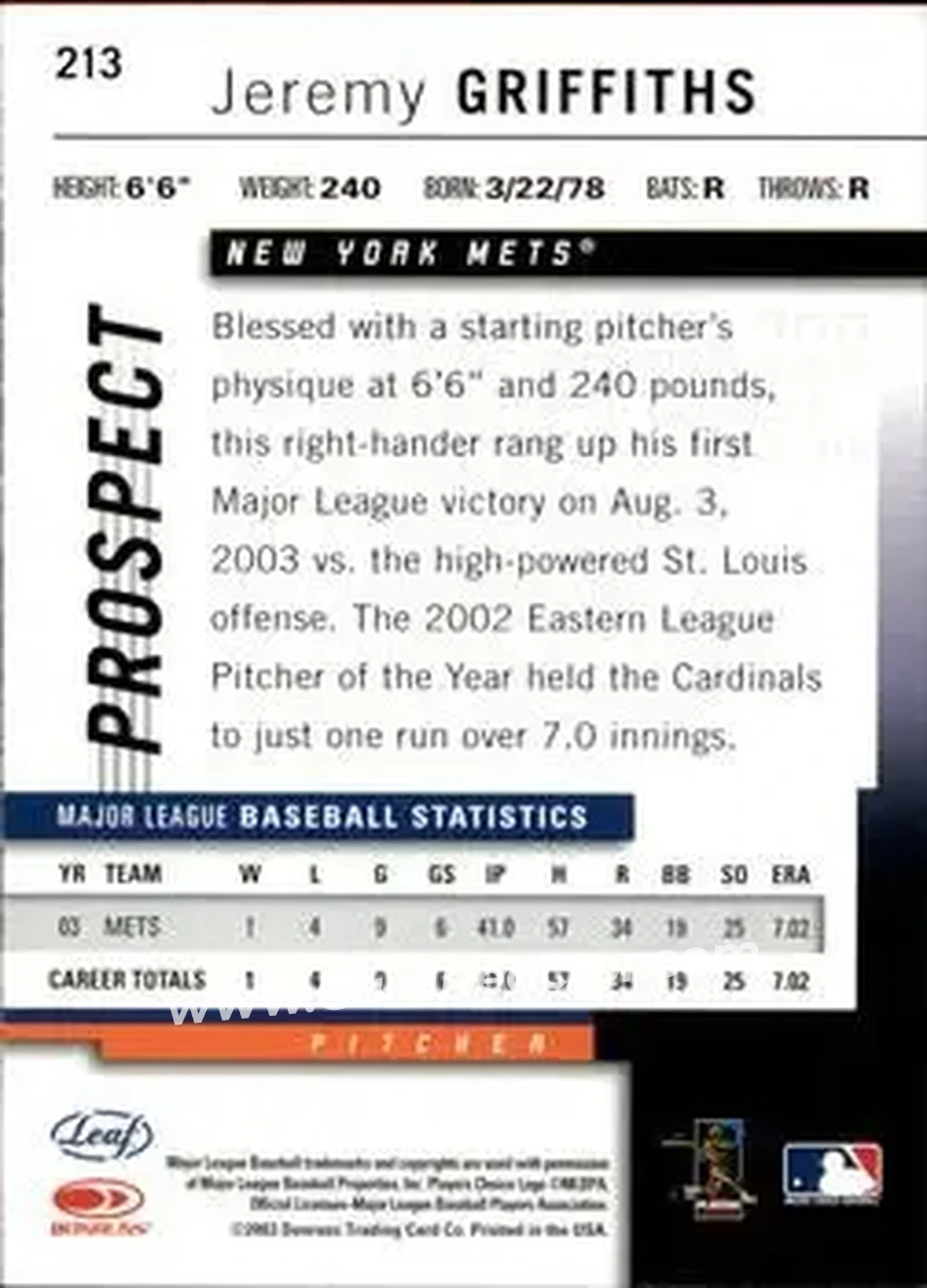 2004 Leaf #213 - Jeremy Griffiths - New York Mets - Back 2004 Leaf #213 - Jeremy Griffiths - New York Mets - Back