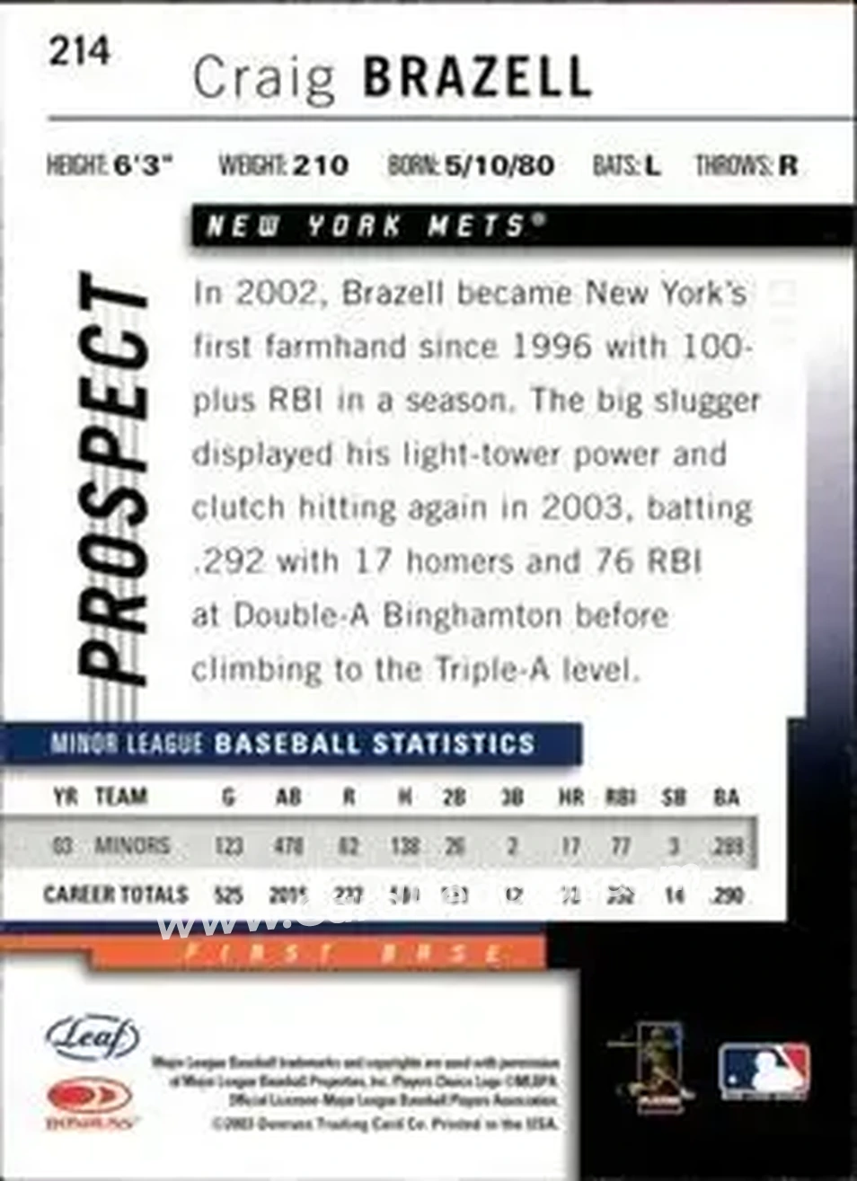2004 Leaf #214 - Craig Brazell - New York Mets - Back 2004 Leaf #214 - Craig Brazell - New York Mets - Back