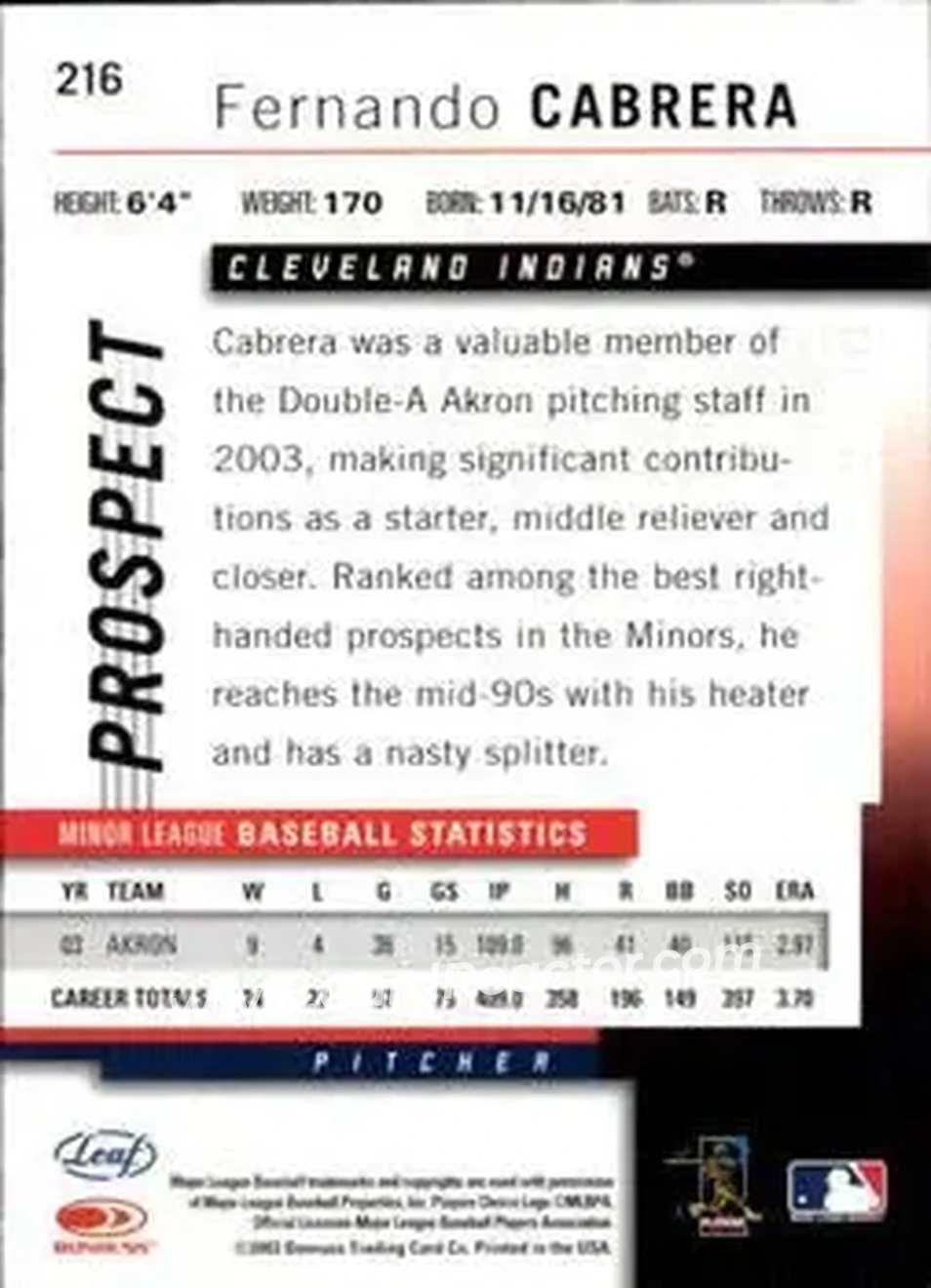 2004 Leaf #216 - Fernando Cabrera - Cleveland Indians - Back 2004 Leaf #216 - Fernando Cabrera - Cleveland Indians - Back