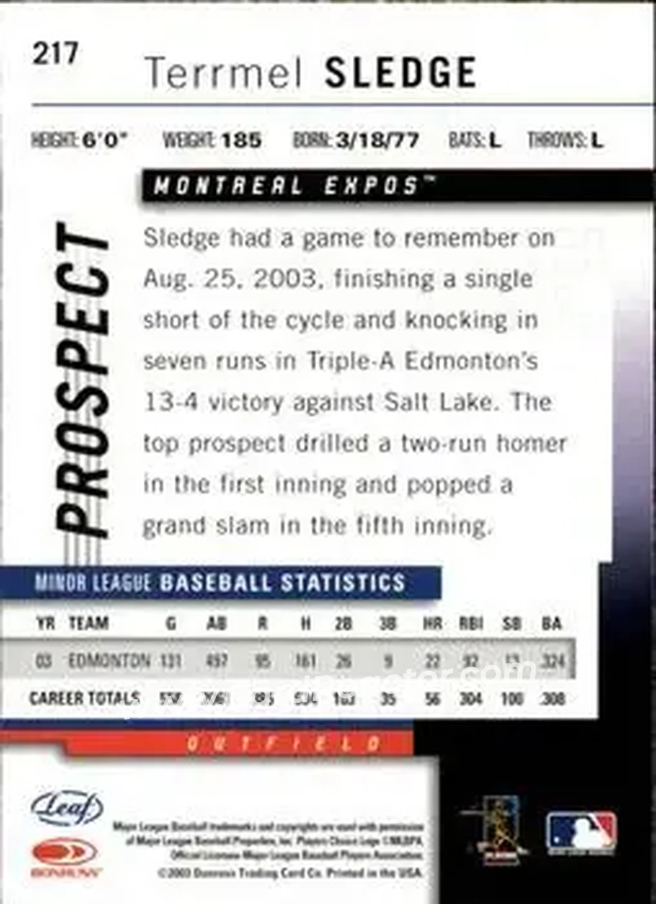 2004 Leaf #217 - Terrmel Sledge - Montreal Expos - Back 2004 Leaf #217 - Terrmel Sledge - Montreal Expos - Back