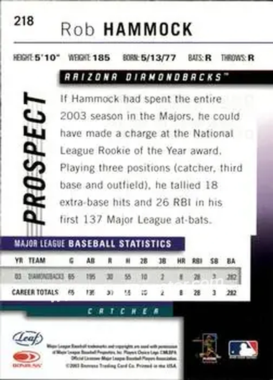 2004 Leaf #218 - Robby Hammock - Arizona Diamondbacks - Back 2004 Leaf #218 - Robby Hammock - Arizona Diamondbacks - Back