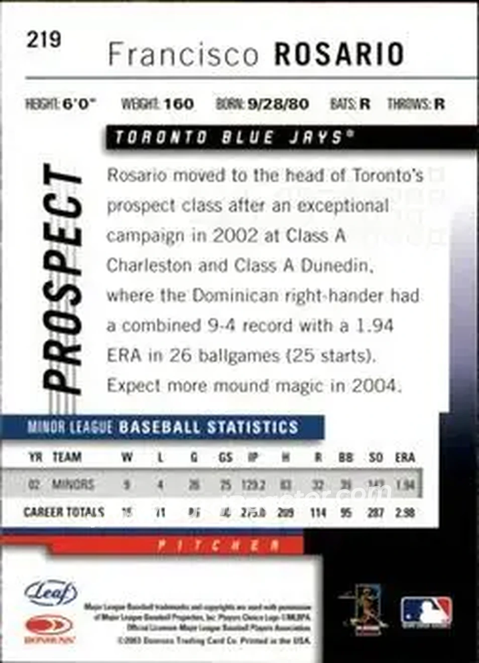 2004 Leaf #219 - Francisco Rosario - Toronto Blue Jays - Back
