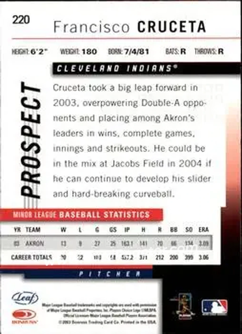 2004 Leaf #220 - Francisco Cruceta - Cleveland Indians - Back