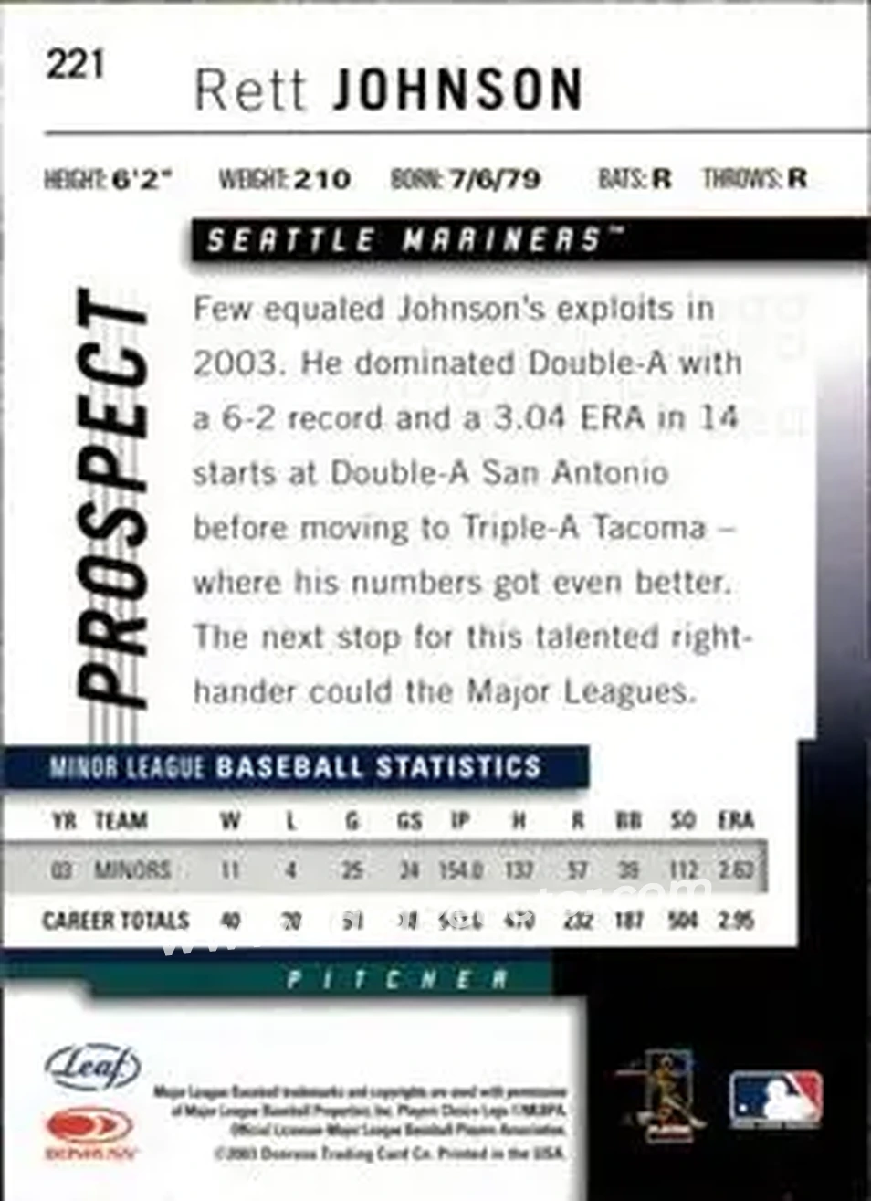 2004 Leaf #221 - Rett Johnson - Seattle Mariners - Back