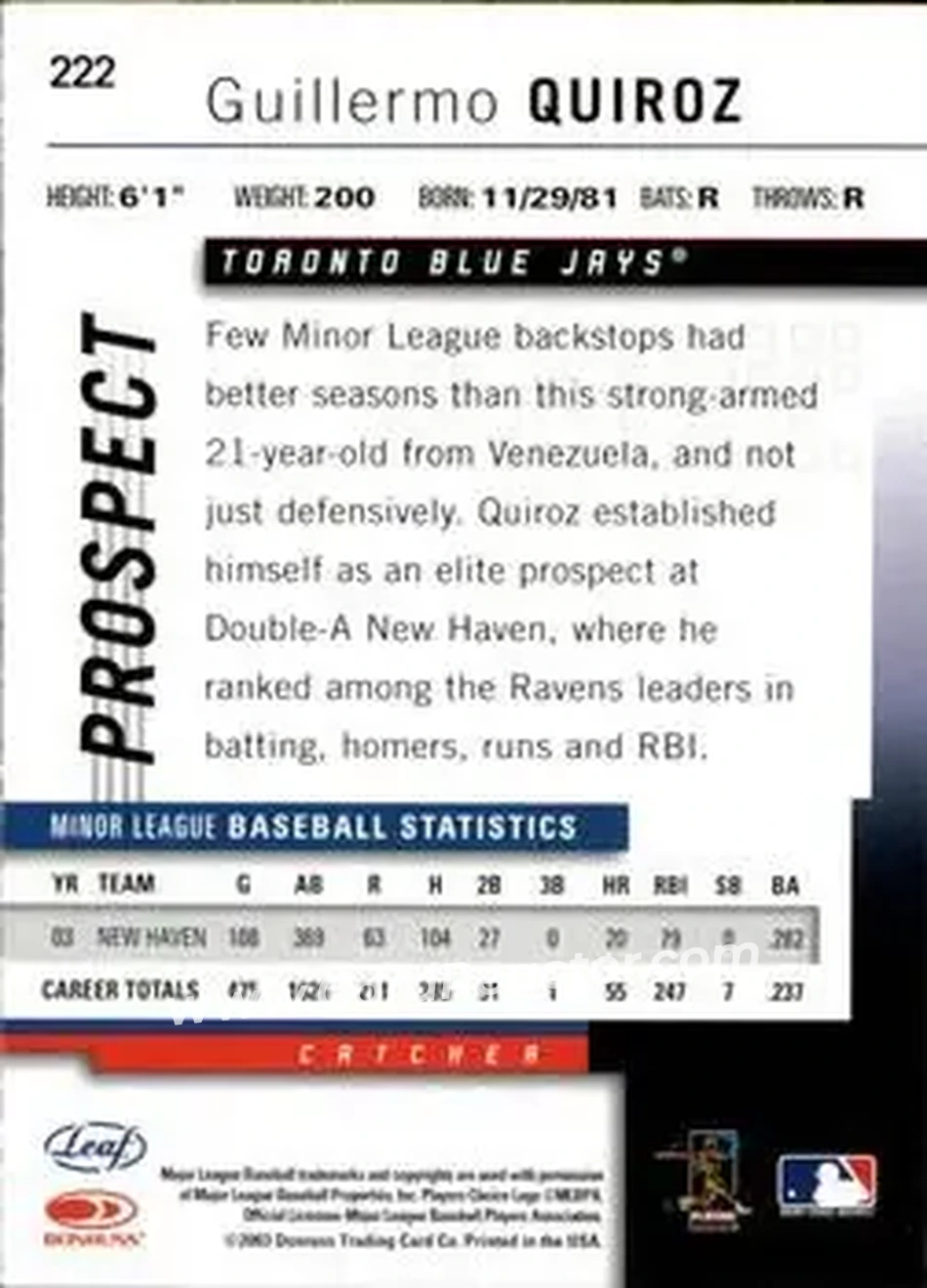 2004 Leaf #222 - Guillermo Quiroz - Toronto Blue Jays - Back