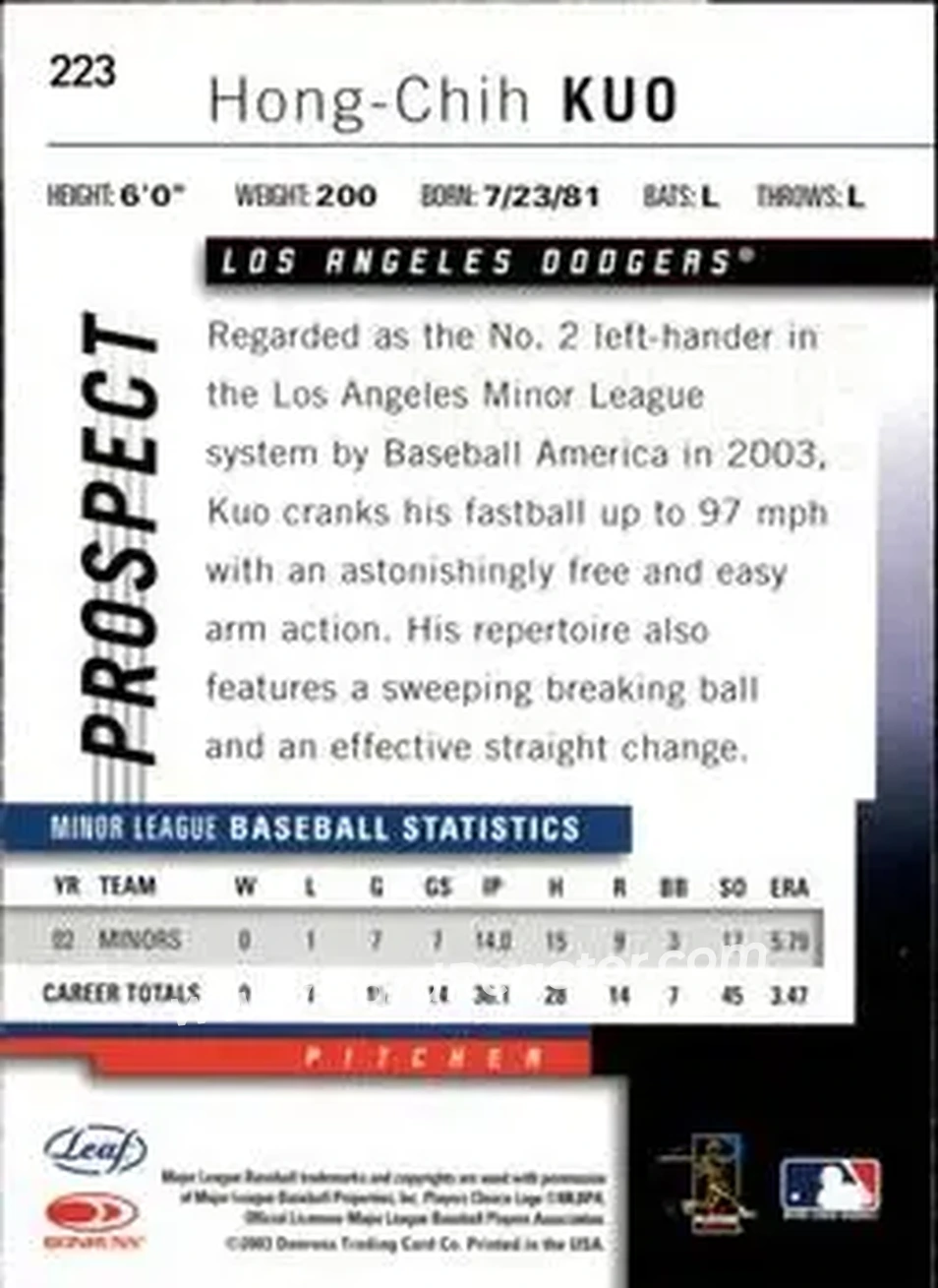 2004 Leaf #223 - Hong-Chih Kuo - Los Angeles Dodgers - Back