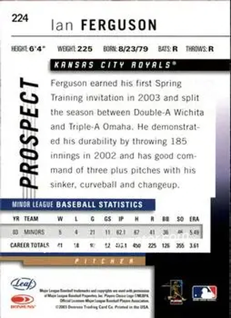 2004 Leaf #224 - Ian Ferguson - Kansas City Royals - Back 2004 Leaf #224 - Ian Ferguson - Kansas City Royals - Back