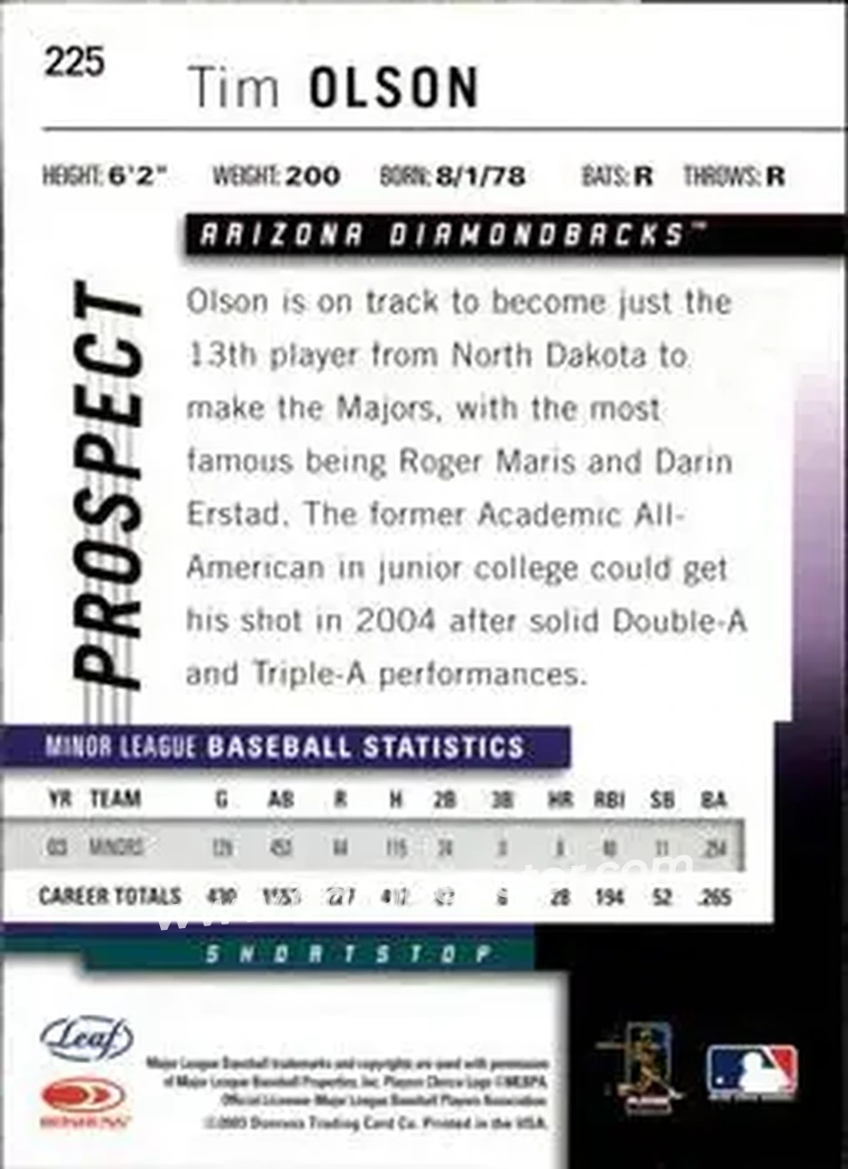 2004 Leaf #225 - Tim Olson - Arizona Diamondbacks - Back 2004 Leaf #225 - Tim Olson - Arizona Diamondbacks - Back