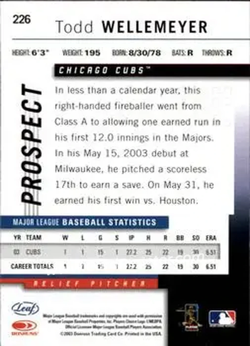 2004 Leaf #226 - Todd Wellemeyer - Chicago Cubs - Back 2004 Leaf #226 - Todd Wellemeyer - Chicago Cubs - Back