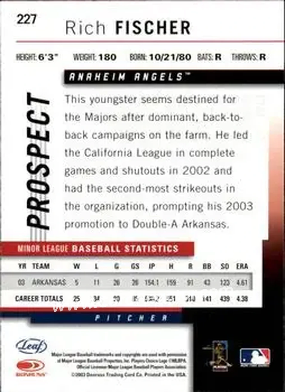 2004 Leaf #227 - Rich Fischer - Anaheim Angels - Back 2004 Leaf #227 - Rich Fischer - Anaheim Angels - Back