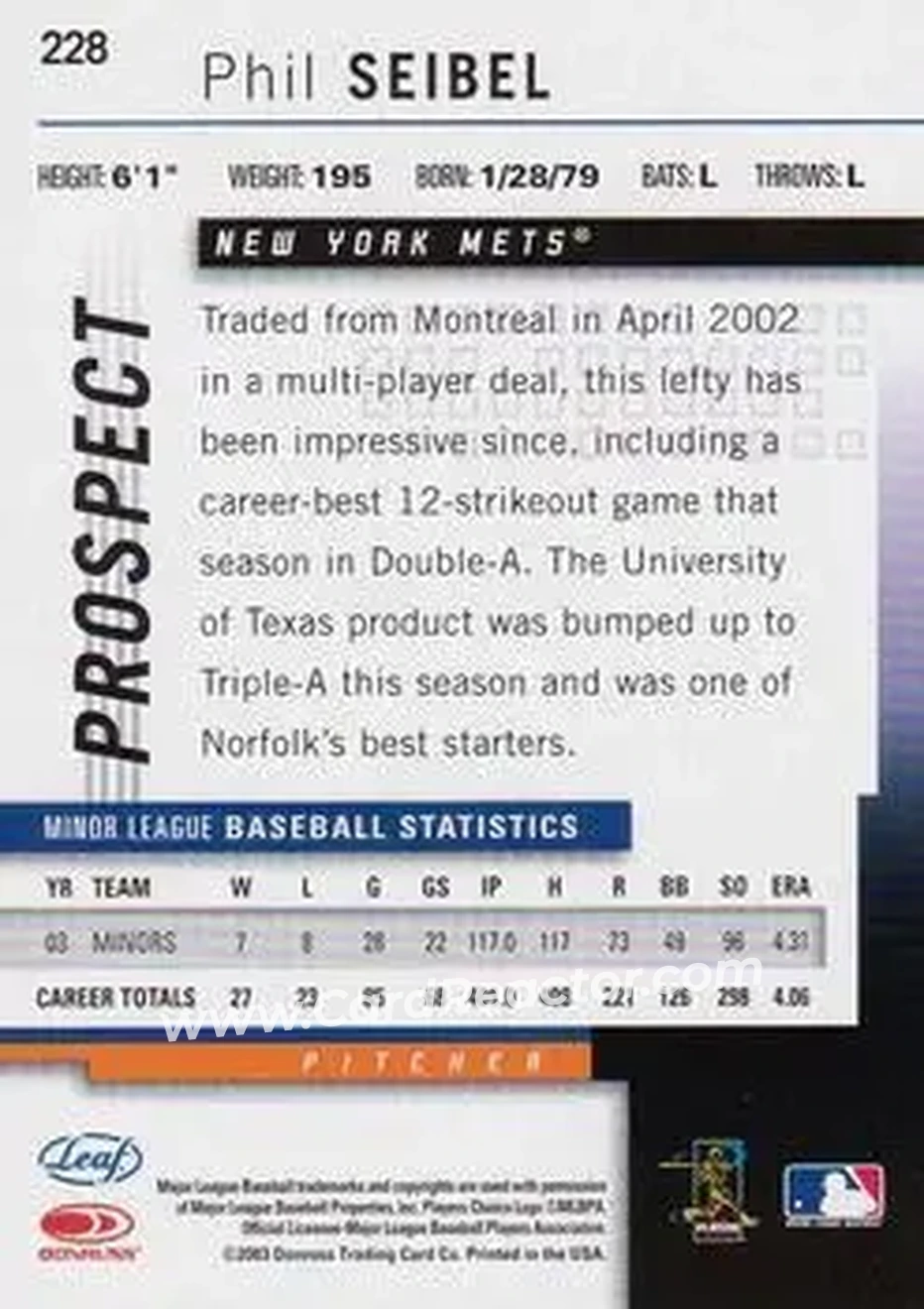 2004 Leaf #228 - Phil Seibel - New York Mets - Back 2004 Leaf #228 - Phil Seibel - New York Mets - Back