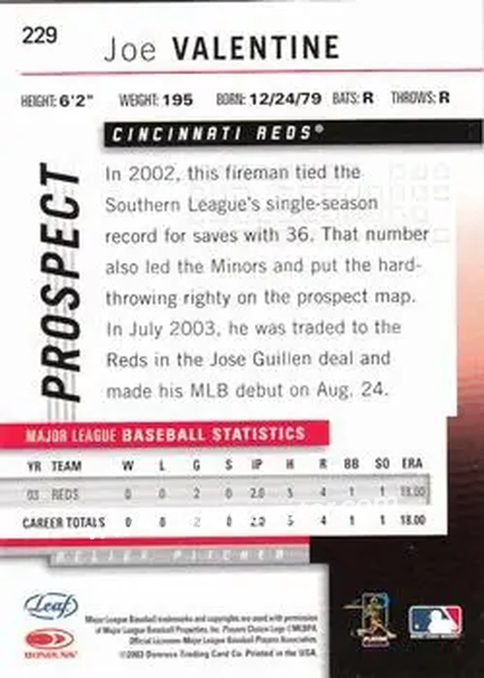 2004 Leaf #229 - Joe Valentine - Cincinnati Reds - Back 2004 Leaf #229 - Joe Valentine - Cincinnati Reds - Back