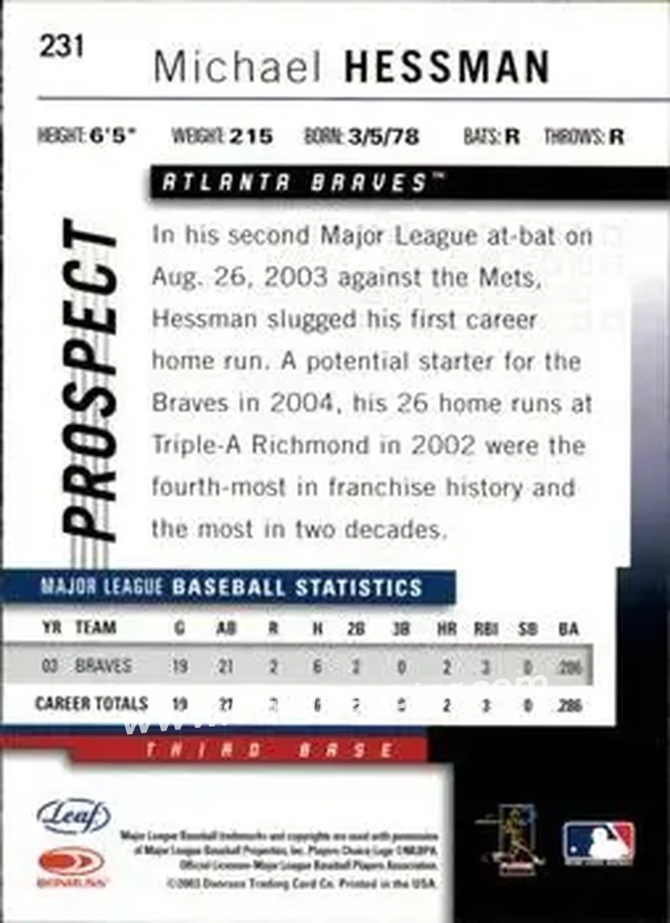2004 Leaf #231 - Mike Hessman - Atlanta Braves - Back 2004 Leaf #231 - Mike Hessman - Atlanta Braves - Back