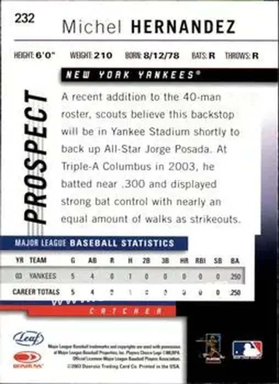 2004 Leaf #232 - Michel Hernandez - New York Yankees - Back 2004 Leaf #232 - Michel Hernandez - New York Yankees - Back