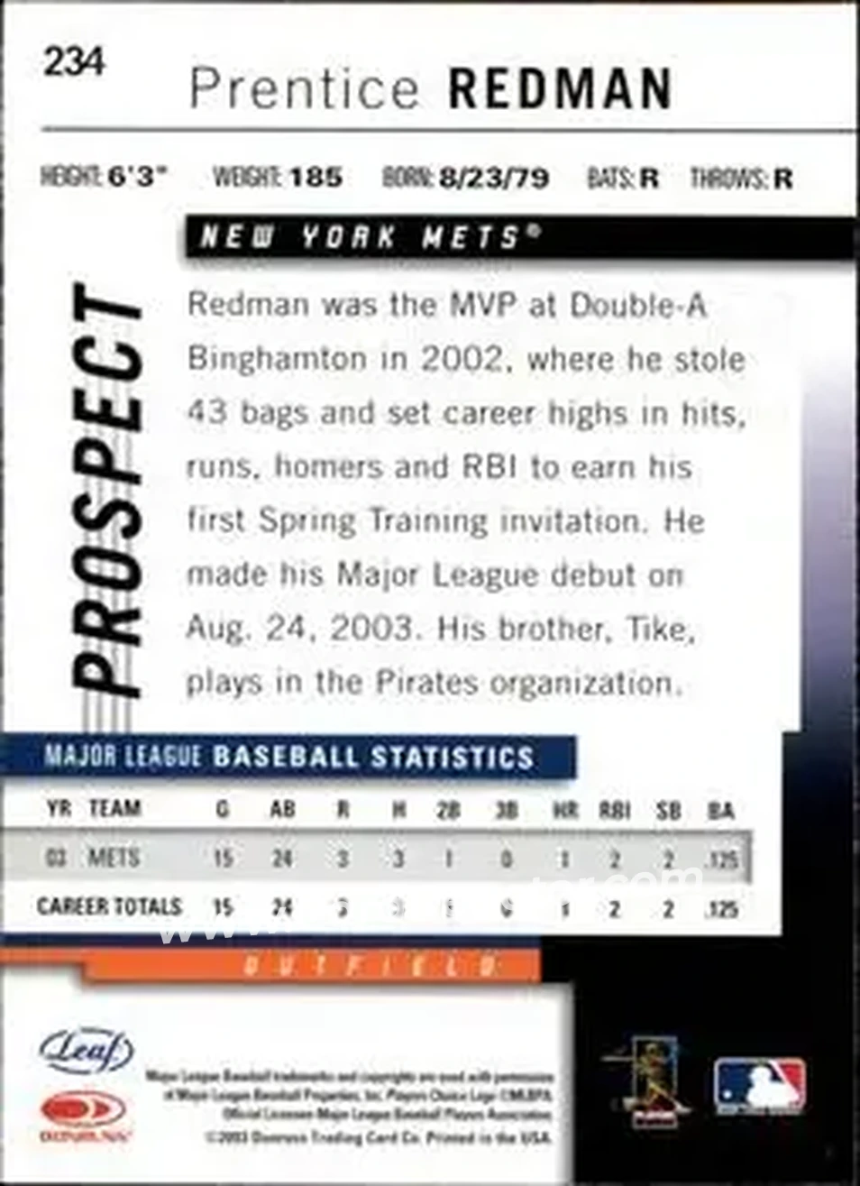2004 Leaf #234 - Prentice Redman - New York Mets - Back 2004 Leaf #234 - Prentice Redman - New York Mets - Back